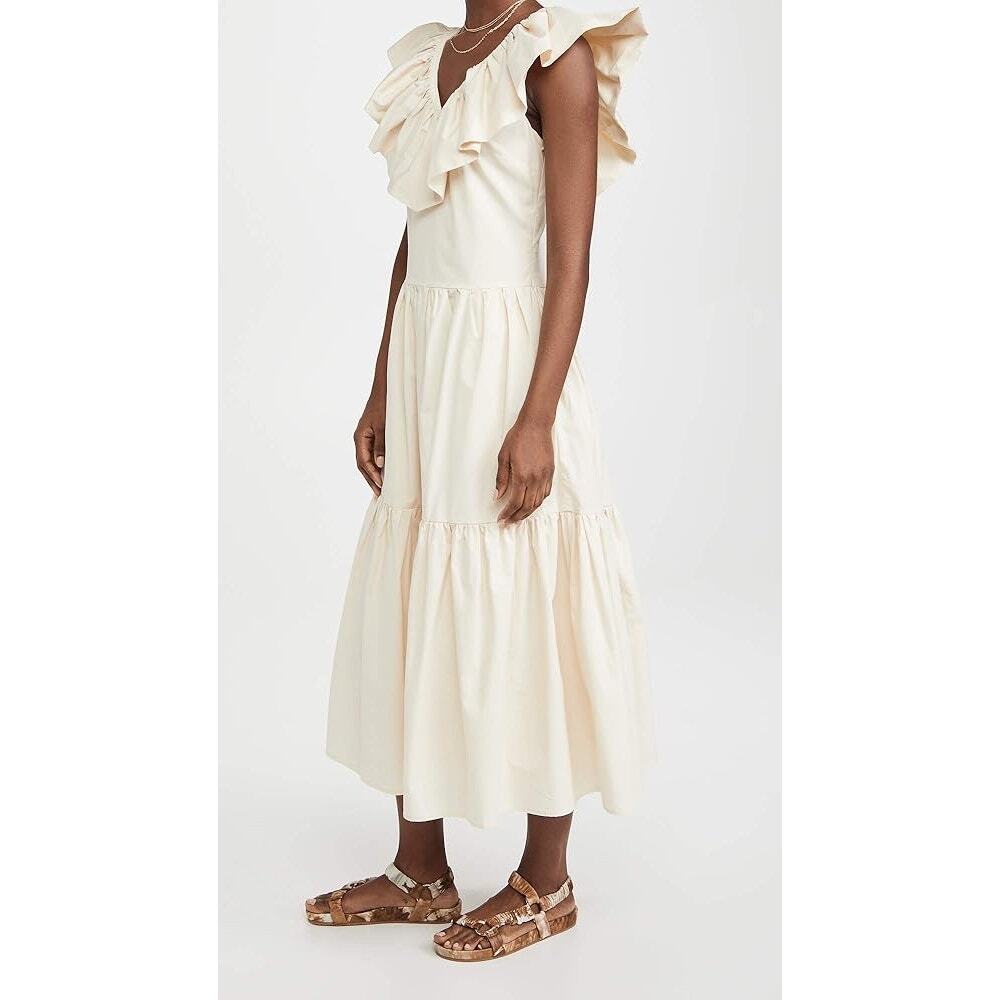 English Factory Midi Dress S Beige Ruffle Neck Sleeveless Cottagecore Girly NWT